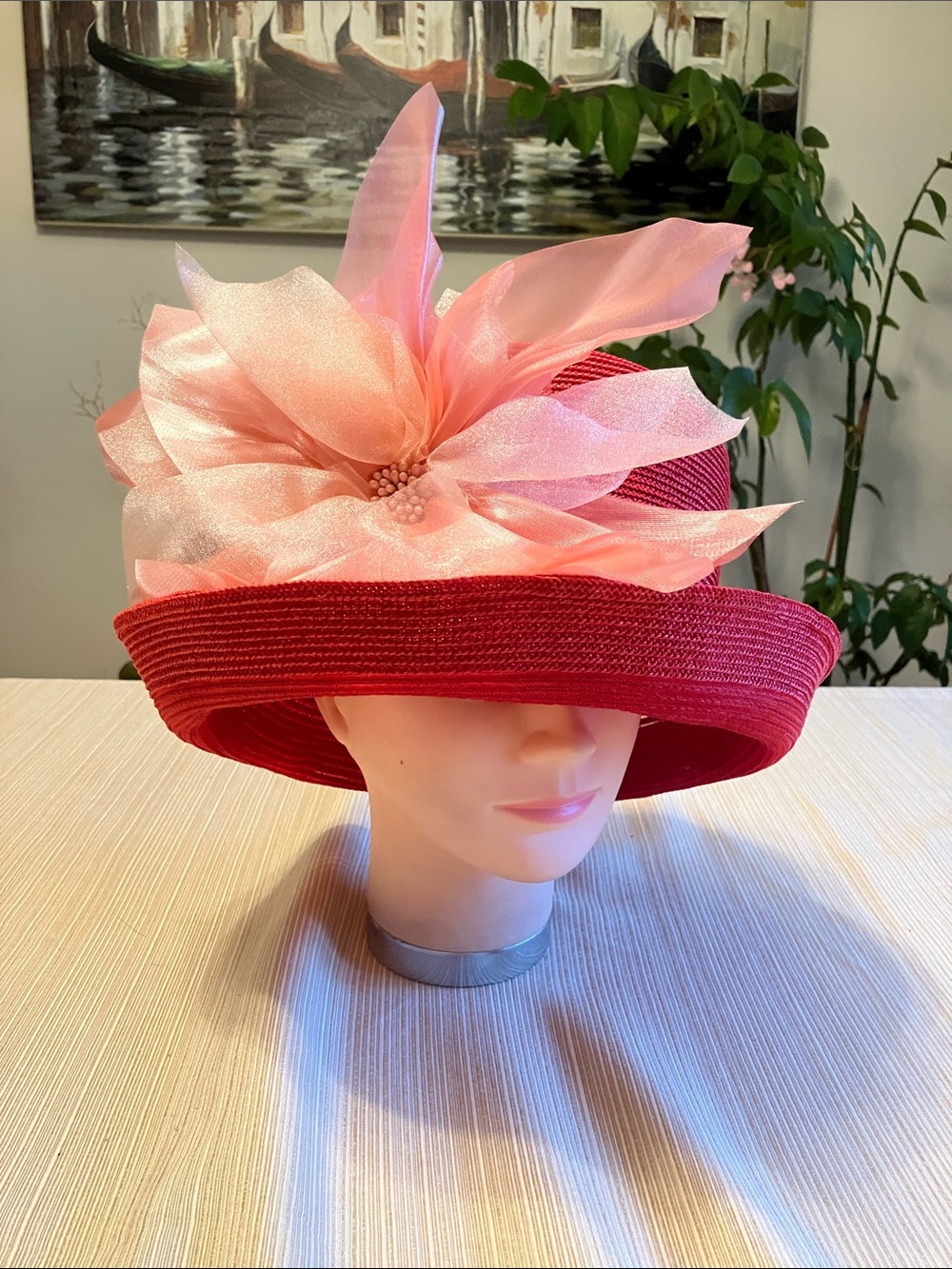 Chic Red Wide-Brim Hat with Pink Floral Accent